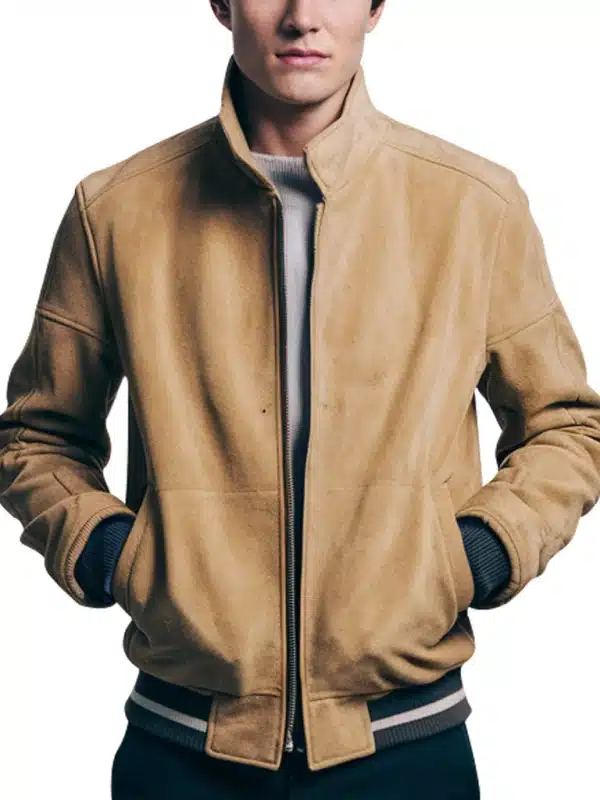 Men's Classic Tan Brown Suede Bomber Jacket