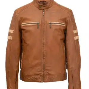 Tan Brown Stripes Biker Leather Jacket - Image 3