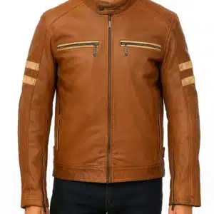 Tan Brown Stripes Biker Leather Jacket