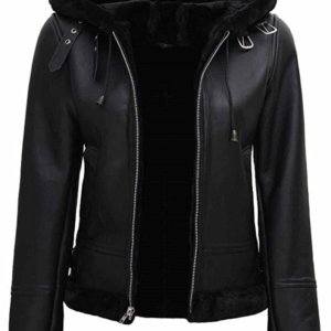 Black Shearling Hooded Moto Jacket – Biker Style - Image 4