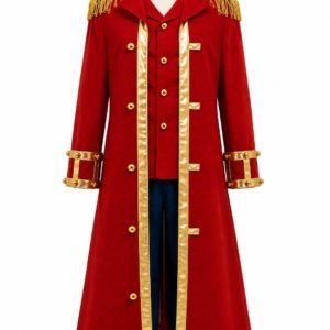 Men's Red Wool Anime-Inspired Cosplay Jacket – Gold Trim Pirate Coat