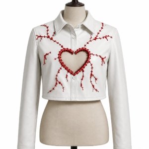 Red Cropped Jacket with Heart Stitching | Women's Red Moto Jacket | Embroidered Heart Detail | Y2K Streetwear | Valentine's Gift